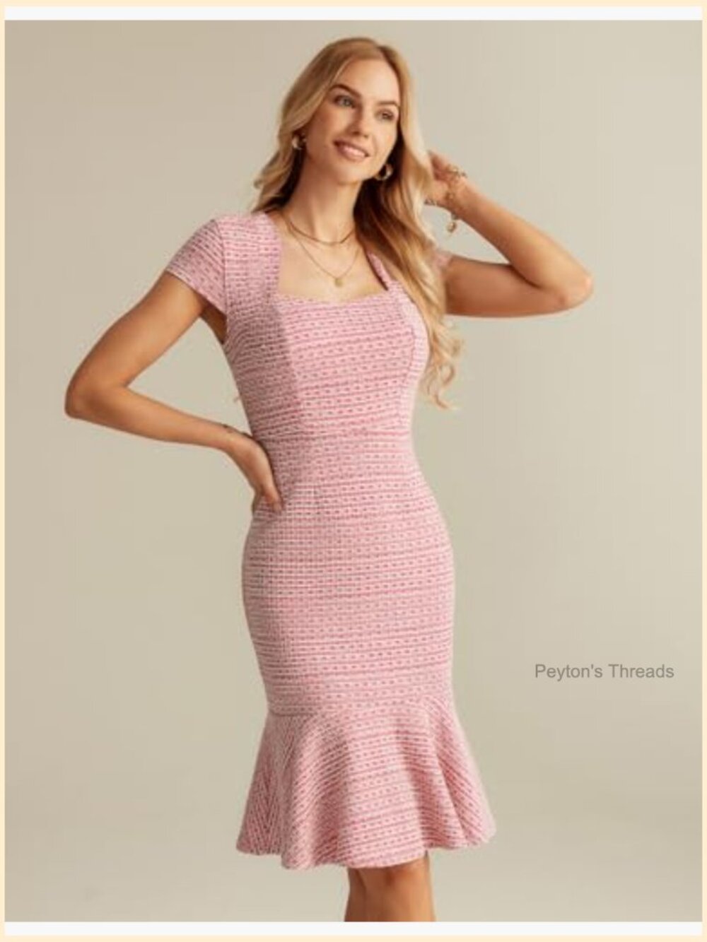 Elegant Cap Sleeve Fishtail Tweed Bodycon Cocktail Dress - Picture 2 of 6